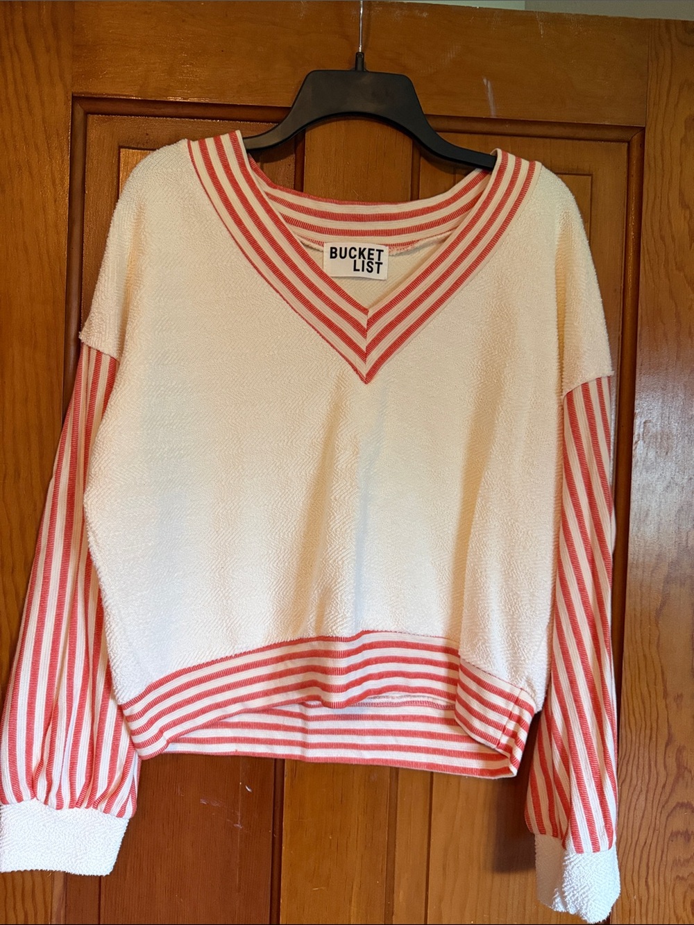 BUCKETLIST Cream Sweater with Coral Stripe V-Neck